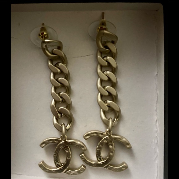 Chanel Earrings Link Chain Silver CC Large Dangle